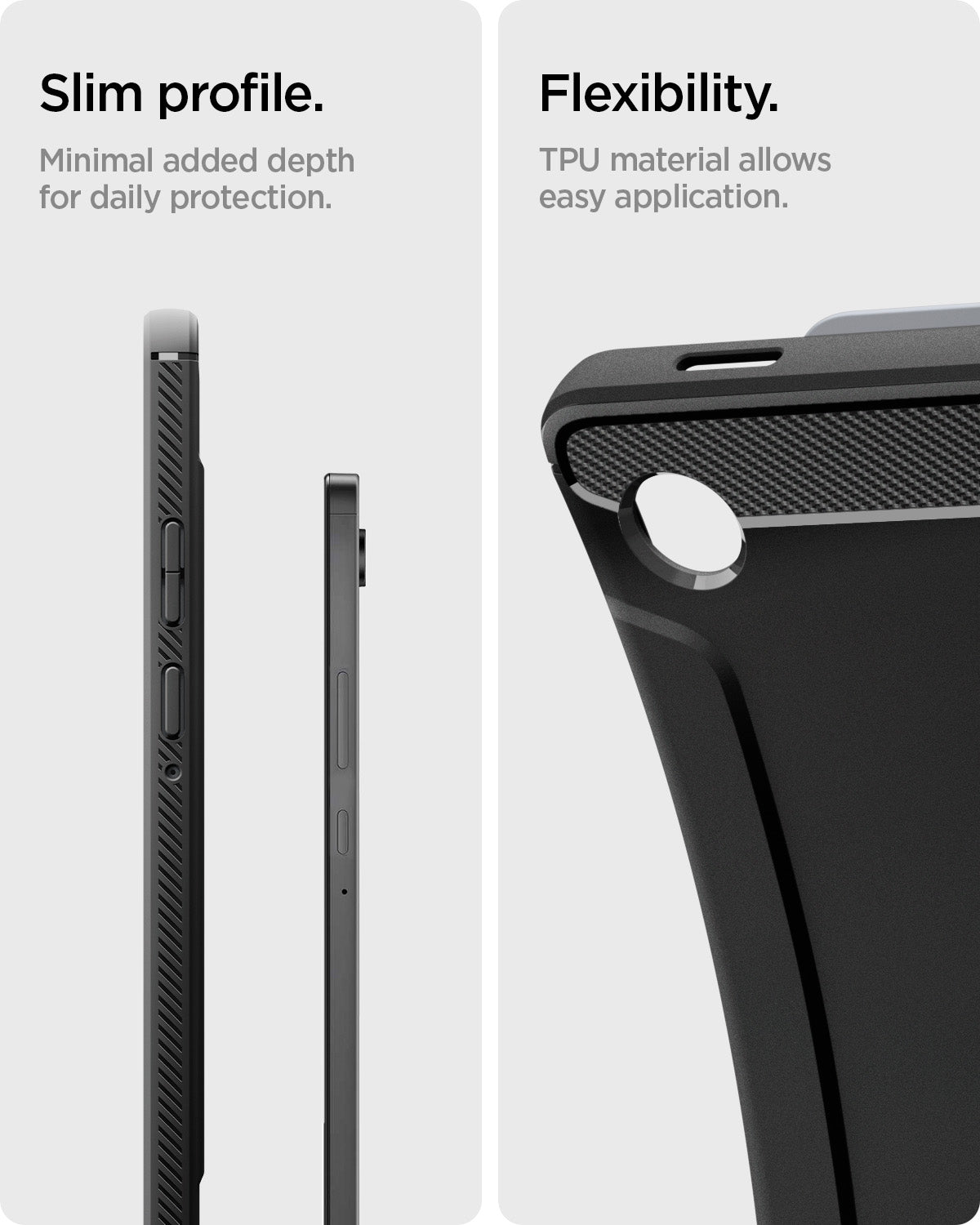 ACS10462 - Galaxy Tab A11 Rugged Armor in Matte Black showing slim profile. minimal added depth for daily protection. flexibility. TPU material allows easy application