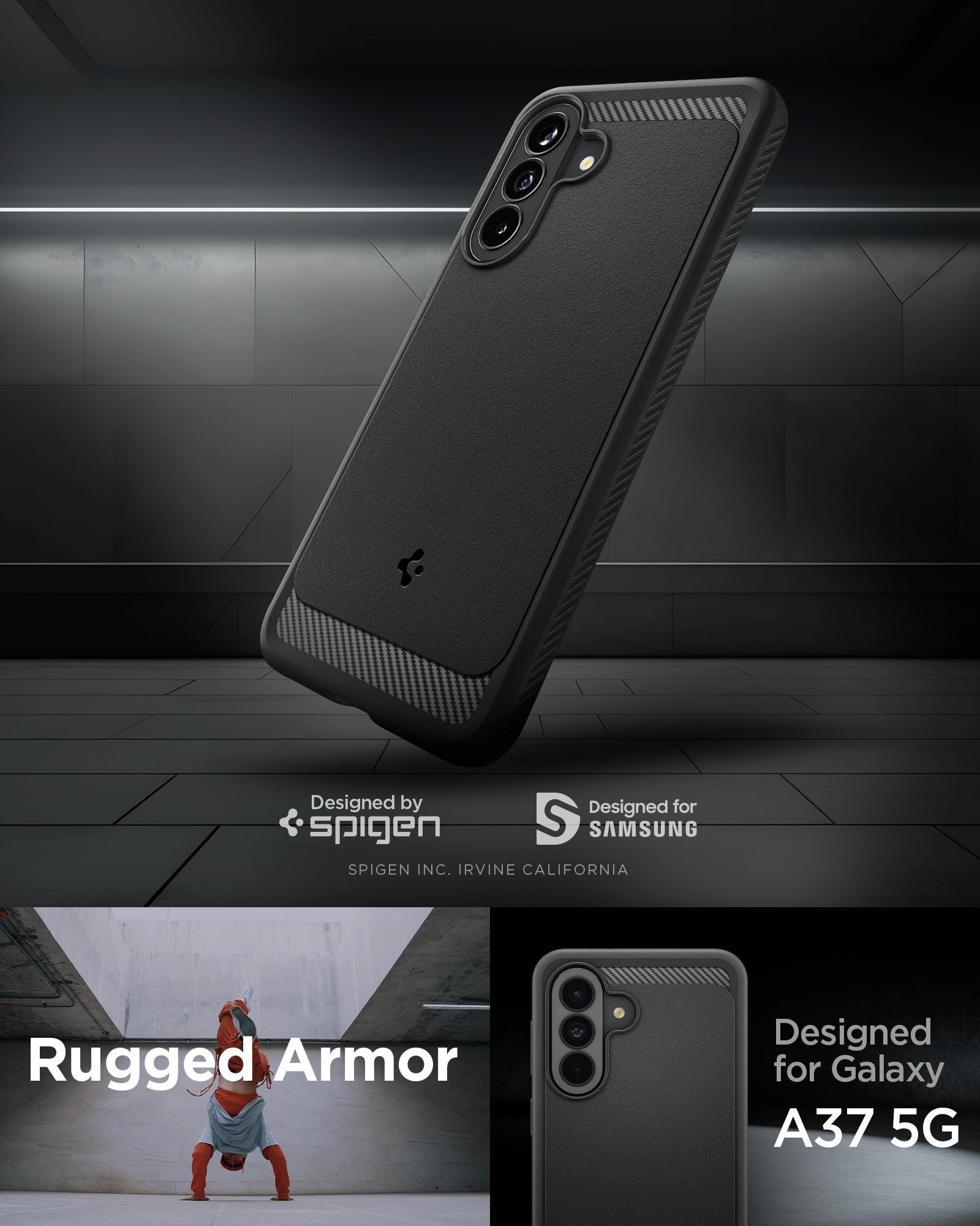 ACS09795 - Spigen Rugged Armor case for Samsung Galaxy A37 5G in Matte Black - designed by Spigen, Irvine California