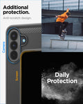ACS09795 - Spigen Rugged Armor Galaxy A37 5G case showing raised camera and screen lip protection with anti-scratch design callouts