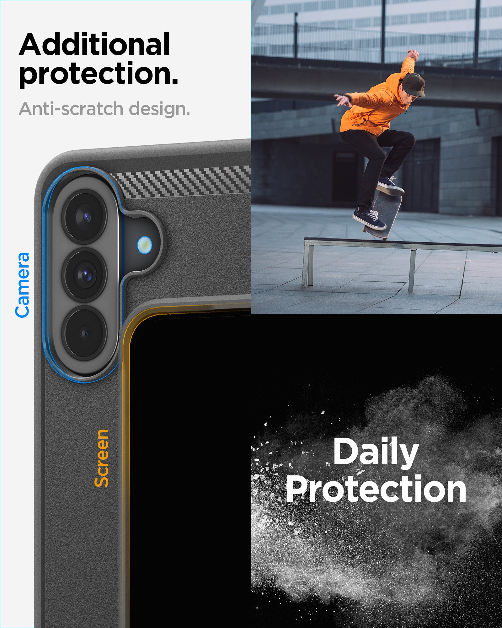 ACS09795 - Spigen Rugged Armor Galaxy A37 5G case showing raised camera and screen lip protection with anti-scratch design callouts