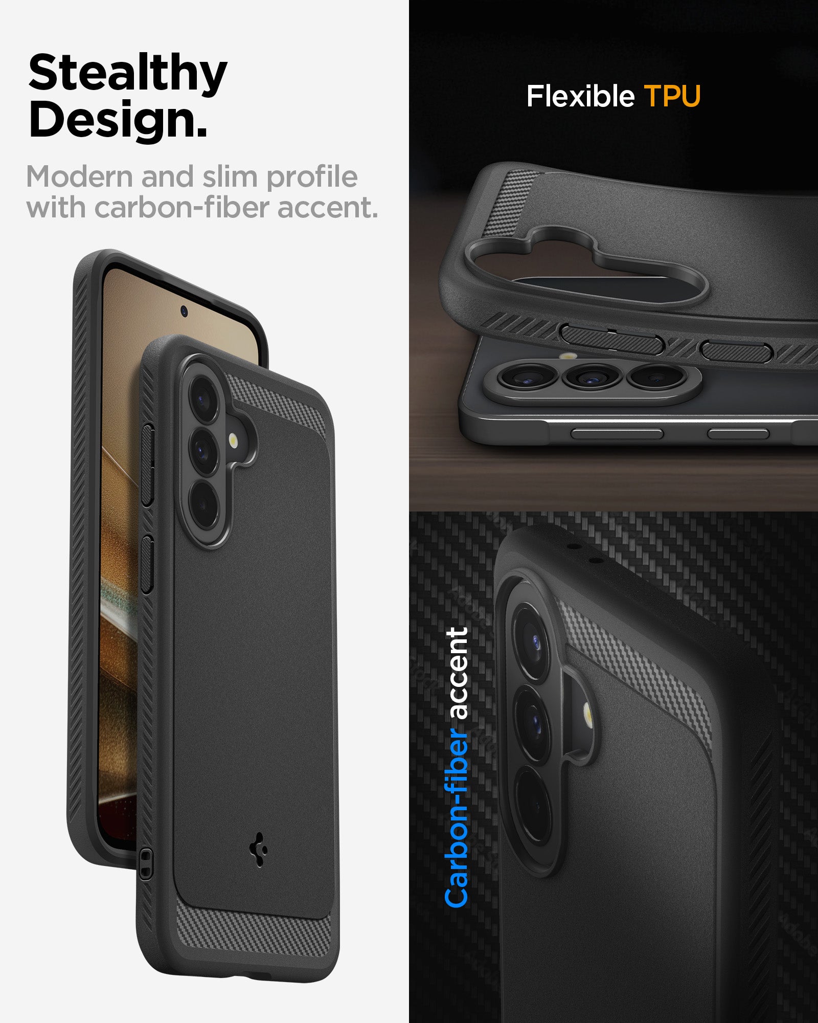 ACS09795 - Spigen Rugged Armor Galaxy A37 5G case showcasing slim profile, flexible TPU construction, and carbon fiber accent detail