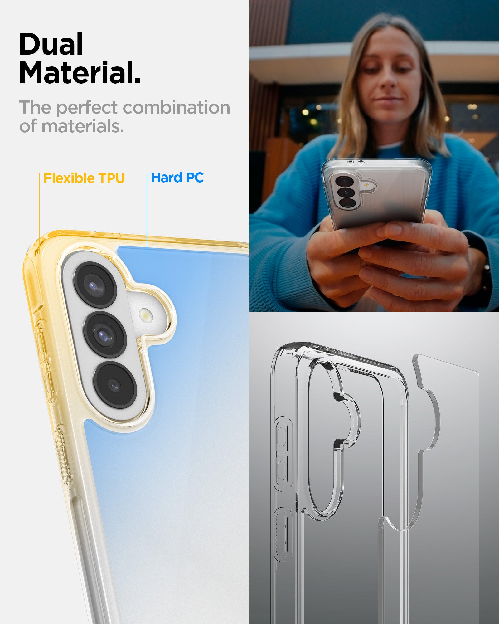 ACS11133 - Spigen Ultra Hybrid Galaxy A37 5G case in Crystal Clear highlighting dual material construction with flexible TPU bumper and hard PC back panel