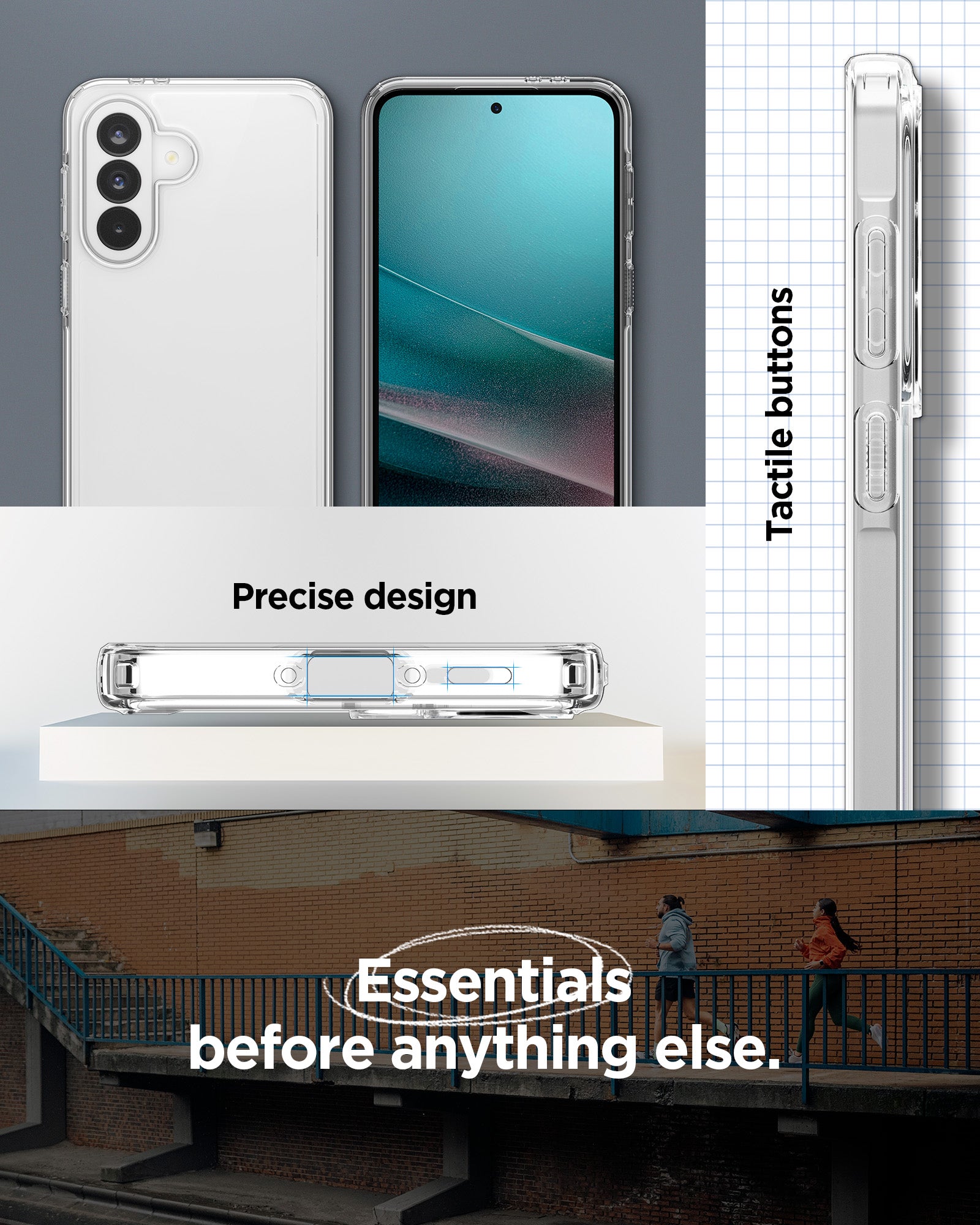 ACS11133 - Spigen Ultra Hybrid Galaxy A37 5G case in Crystal Clear showing front and back views, precise port cutouts, and clear tactile side buttons