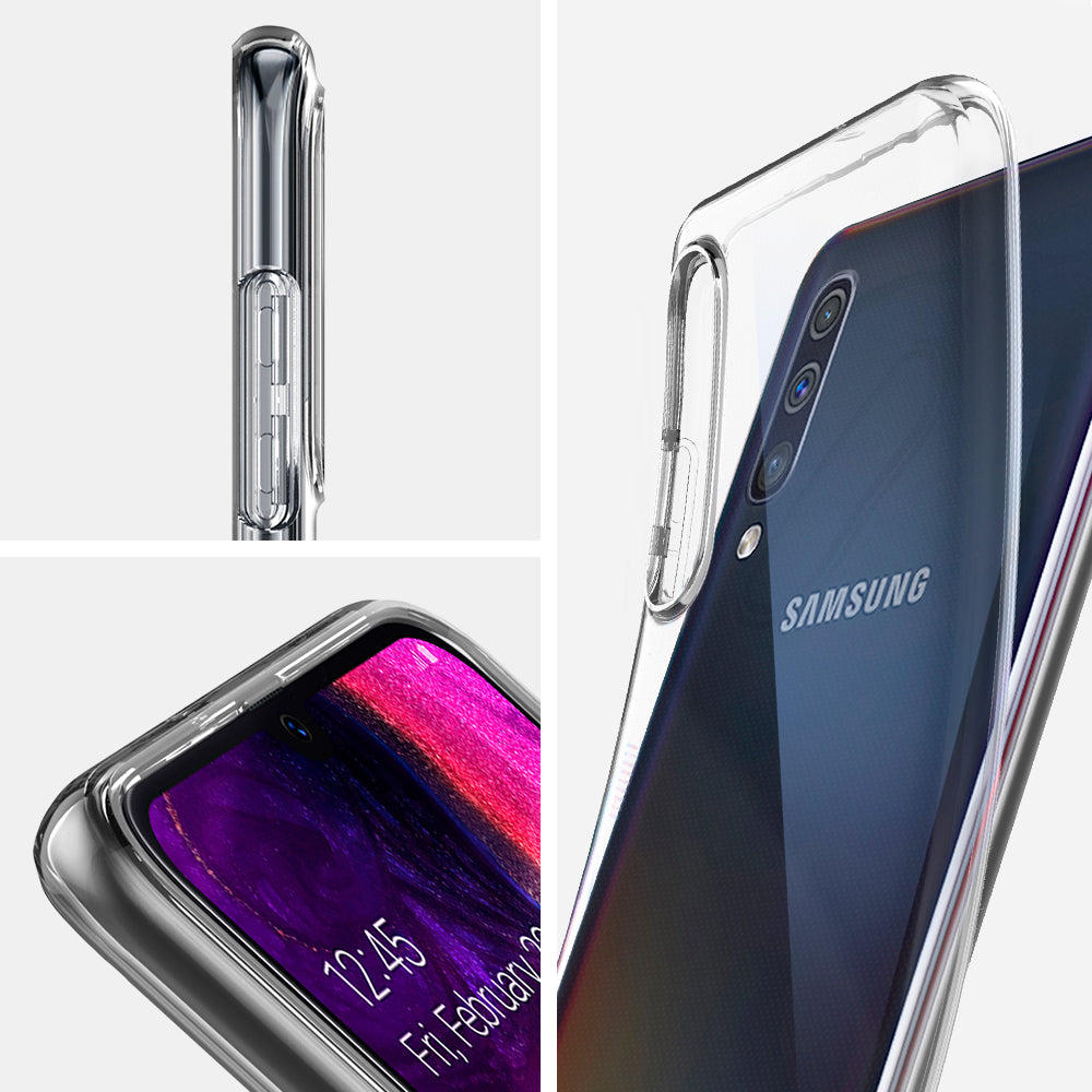 611CS26200 - Galaxy A50 Case Liquid Crystal in Crystal Clear showing side, front and back with case open.