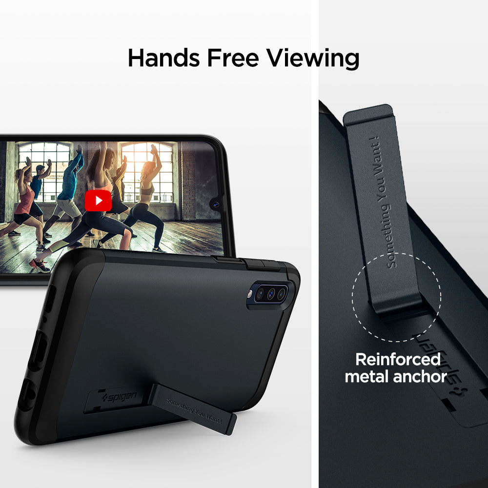 611CS26021 - Galaxy A50 Case Slim Armor in Metal Slate showing the hands free viewing with reinforced metal anchor
