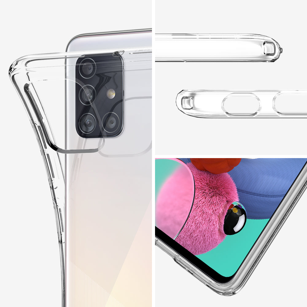 ACS00564 - Galaxy A51 Case Liquid Crystal in Crystal Clear showing side, front and back with case open.