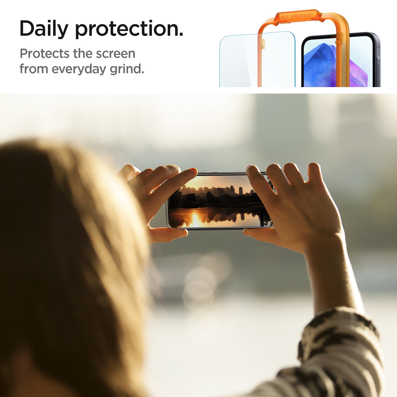 AGL07775 - Galaxy A55 5G Alignmaster Full Cover in Clear showing the daily protection. Protects the screen from everyday grind