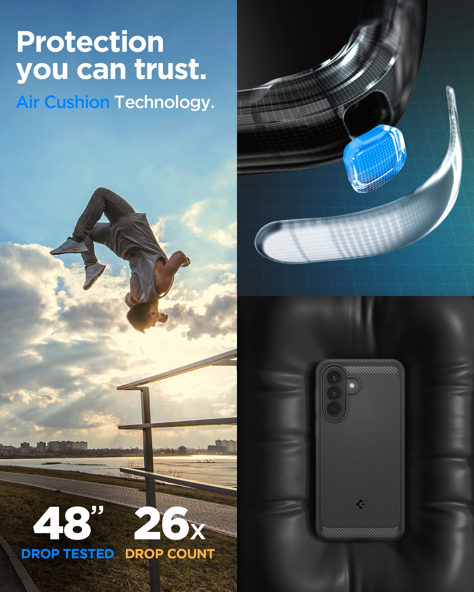 ACS09794 - Spigen Rugged Armor Galaxy A57 5G case with Air Cushion Technology corner detail - 48 inch drop tested, 26x drop count