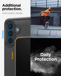ACS09794 - Spigen Rugged Armor Galaxy A57 5G case showing raised camera and screen lip protection with anti-scratch design callouts