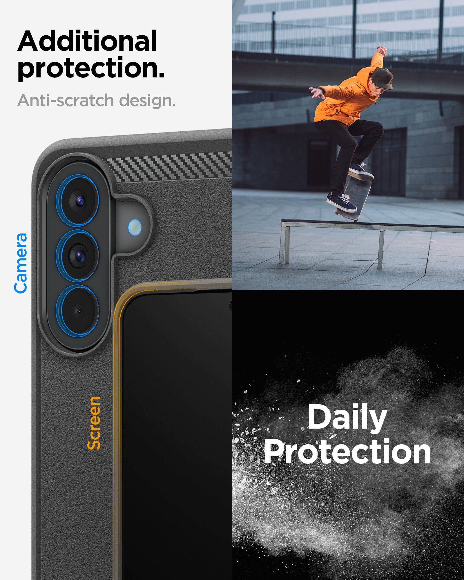 ACS09794 - Spigen Rugged Armor Galaxy A57 5G case showing raised camera and screen lip protection with anti-scratch design callouts