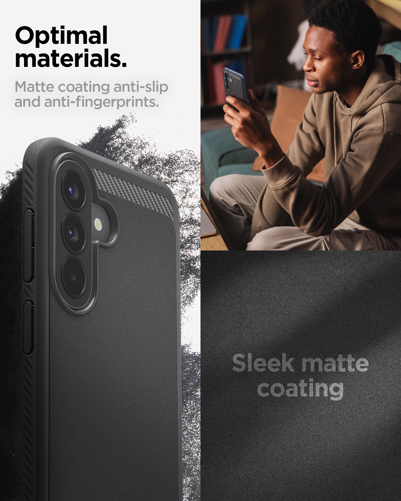 ACS09794 - Spigen Rugged Armor Galaxy A57 5G case highlighting anti-slip matte coating finish with anti-fingerprint properties