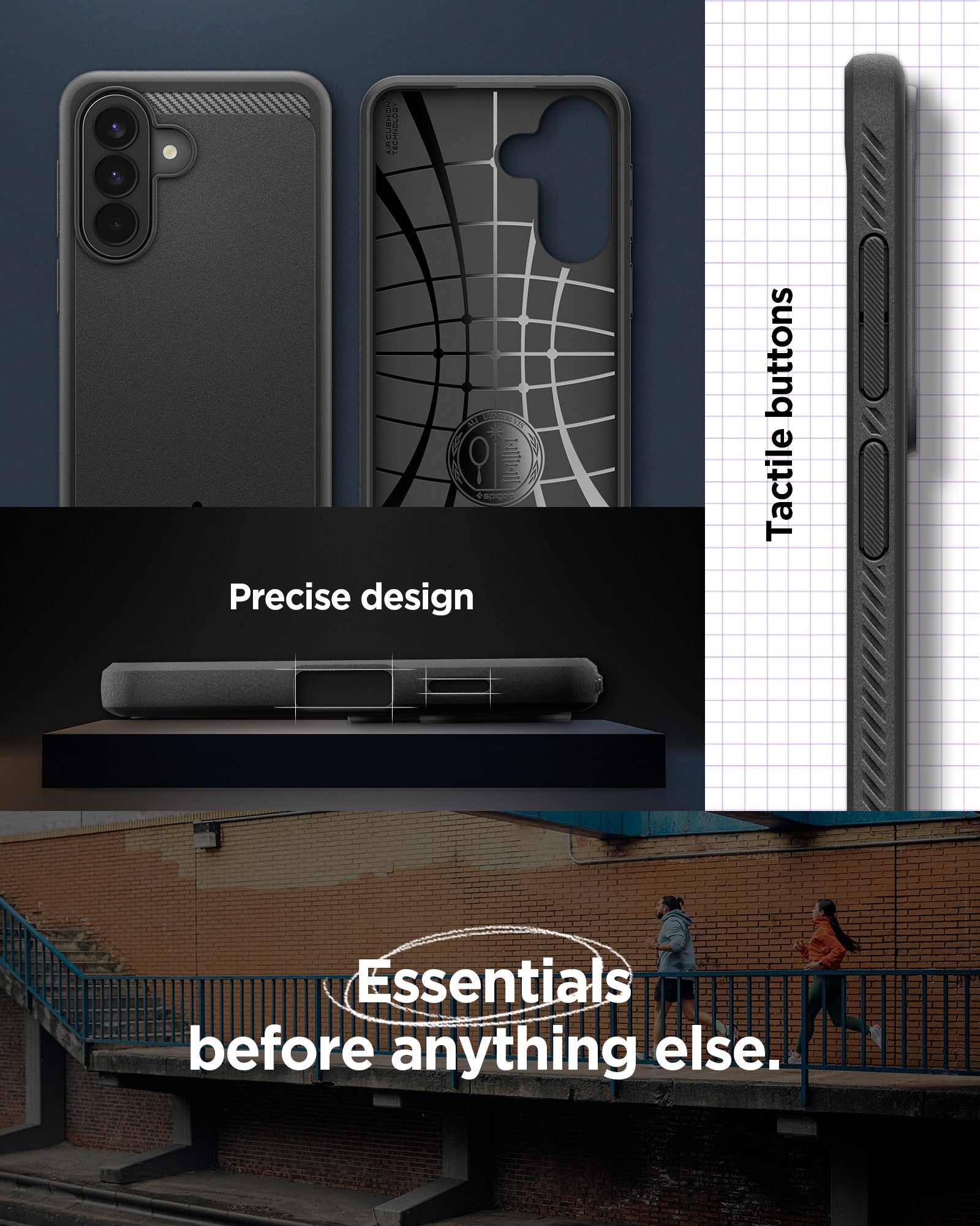 ACS09794 - Spigen Rugged Armor Galaxy A57 5G case showing Air Cushion interior, precise port cutouts, and tactile side buttons