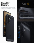 ACS11407 - Spigen Rugged Armor Galaxy A57 5G Black case showing slim carbon-fiber accent design with flexible TPU construction
