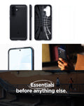 ACS11407 - Spigen Rugged Armor Galaxy A57 5G Black case back, interior, and side views with screen protector showing precise design