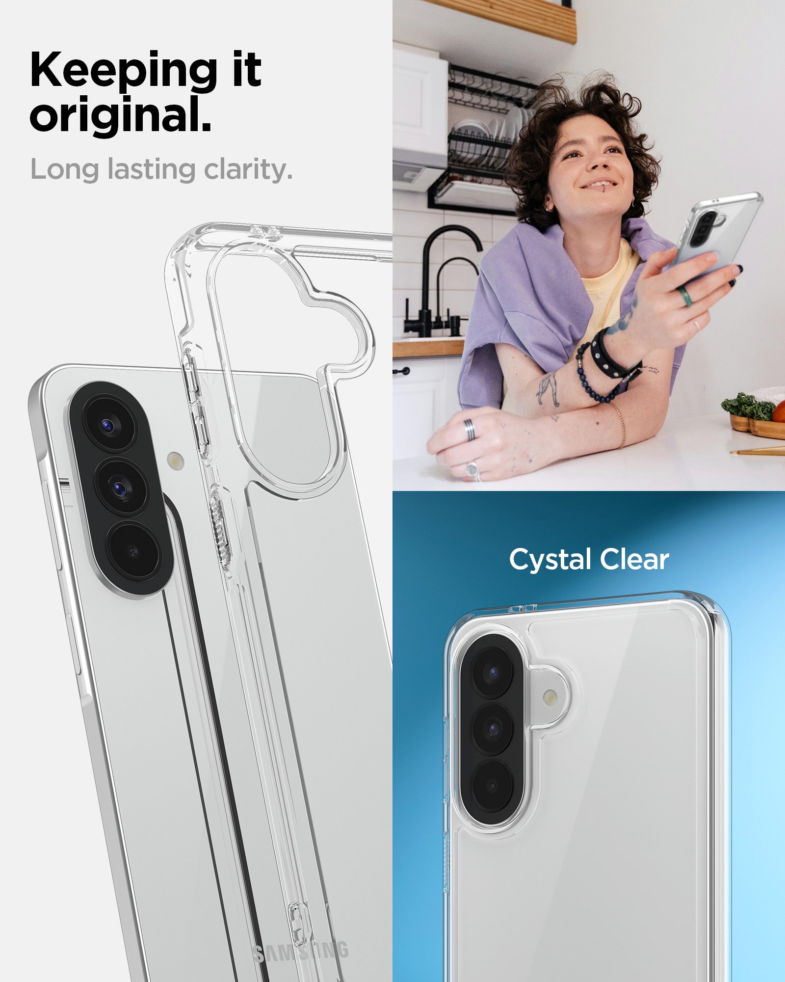 ACS11123 - Spigen Ultra Hybrid Galaxy A57 5G case highlighting long-lasting clarity and crystal clear color-preserving transparency