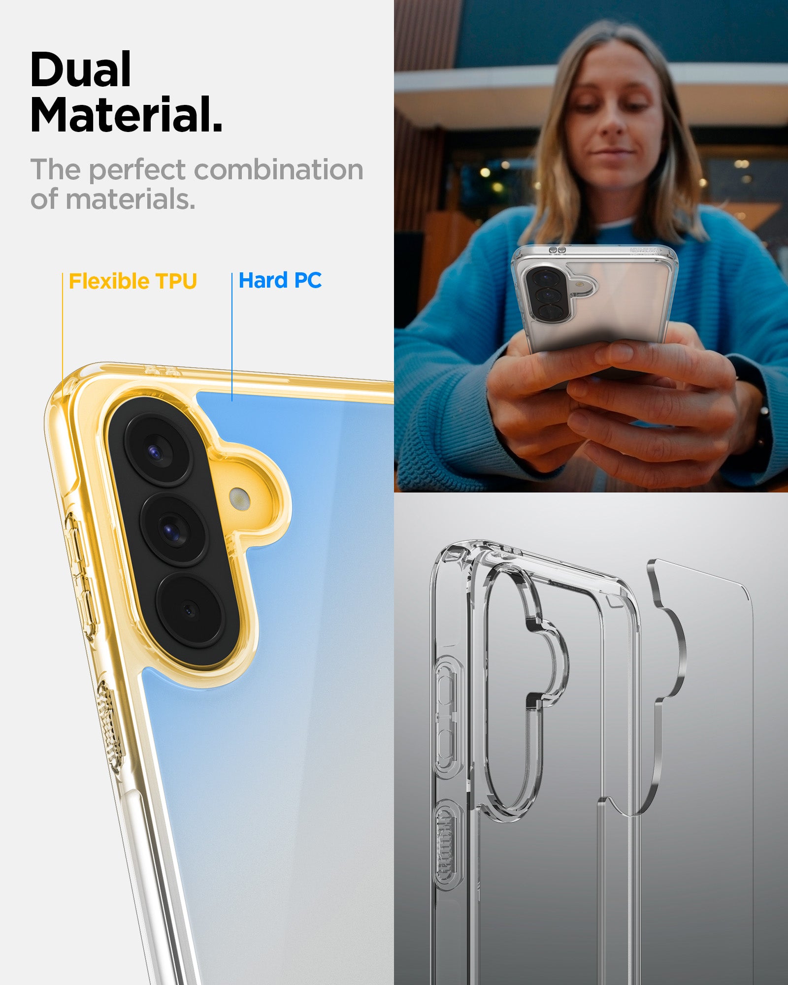 ACS11123 - Spigen Ultra Hybrid Galaxy A57 5G case highlighting dual material construction with flexible TPU bumper and hard PC back panel