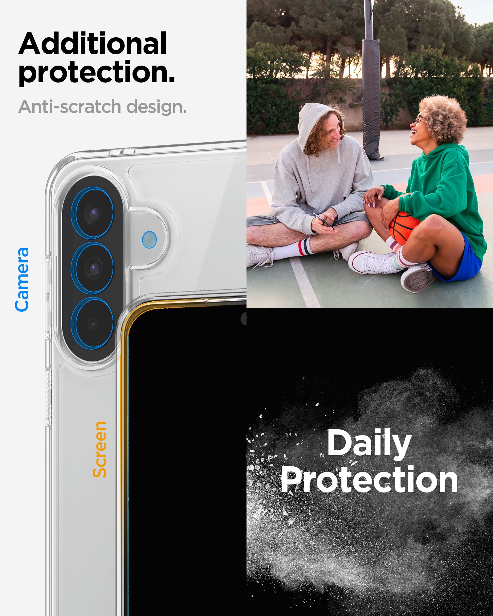 ACS11123 - Spigen Ultra Hybrid Galaxy A57 5G case showing raised camera and screen lip protection with anti-scratch design callouts