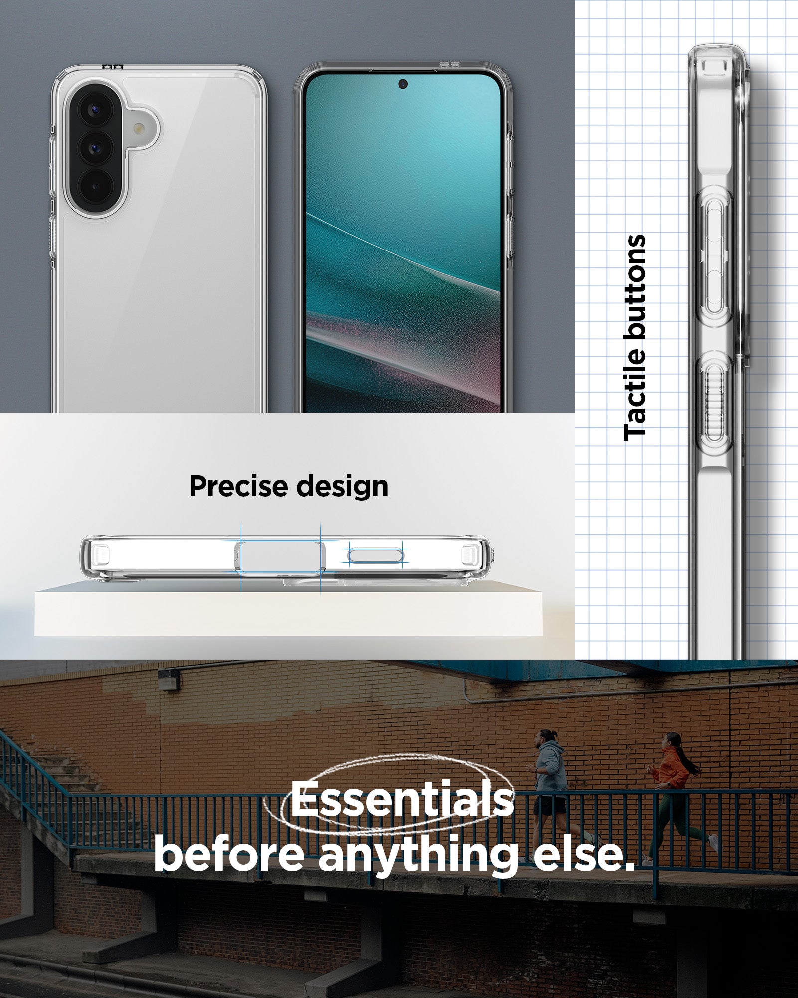 ACS11123 - Spigen Ultra Hybrid Galaxy A57 5G case showing front and back views, precise port cutouts, and clear tactile side buttons
