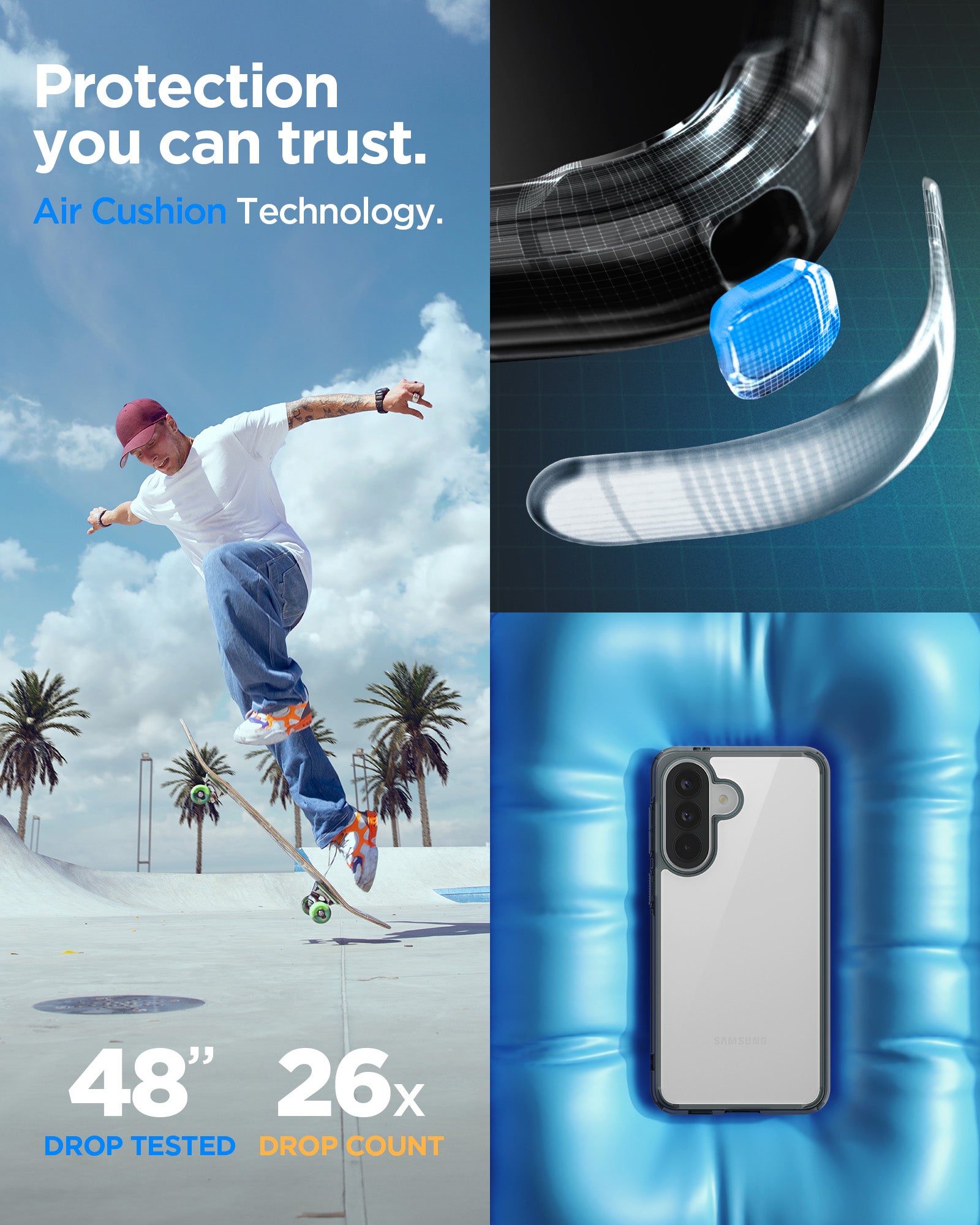 ACS11124 - Spigen Ultra Hybrid Galaxy A57 5G case in Space Crystal with Air Cushion Technology corner detail - 48 inch drop tested, 26x drop count