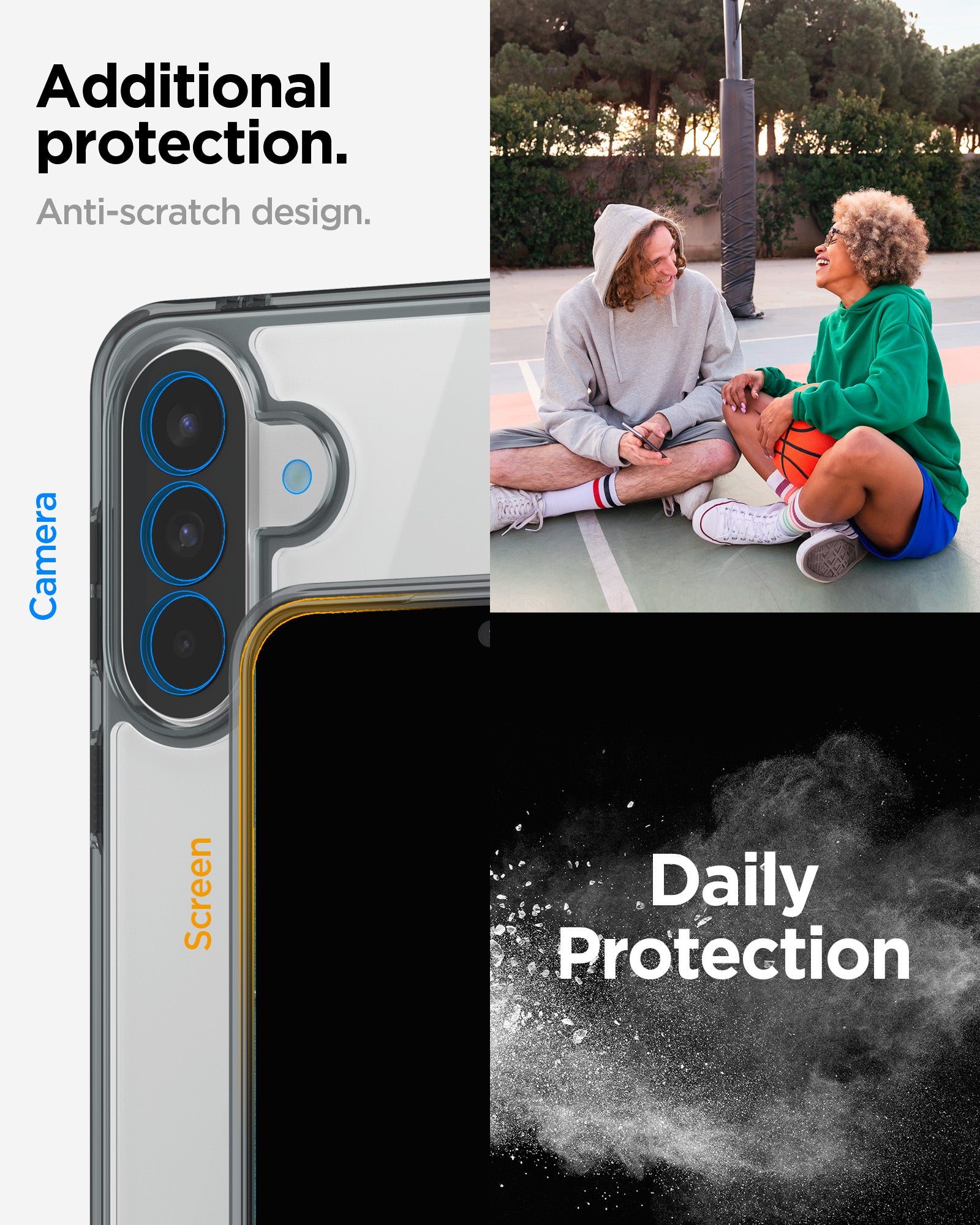 ACS11124 - Spigen Ultra Hybrid Galaxy A57 5G case in Space Crystal showing raised camera and screen lip protection with anti-scratch design callouts
