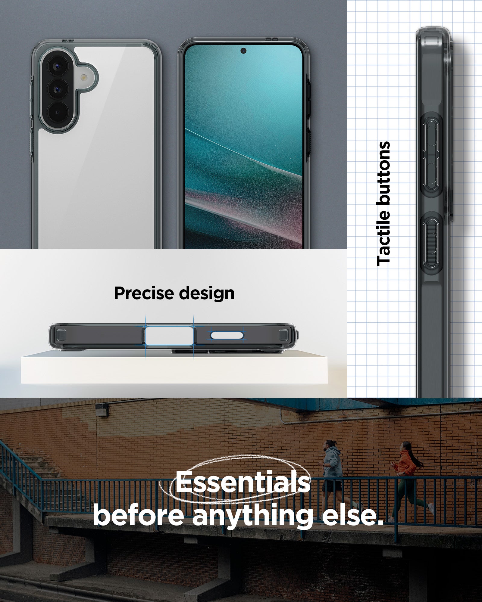 ACS11124 - Spigen Ultra Hybrid Galaxy A57 5G case in Space Crystal showing front and back views, precise port cutouts, and dark tinted tactile side buttons