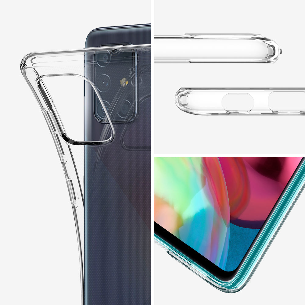 ACS00566 - Galaxy A71 Case Liquid Crystal in Crystal Clear showing side, front and back with case open.