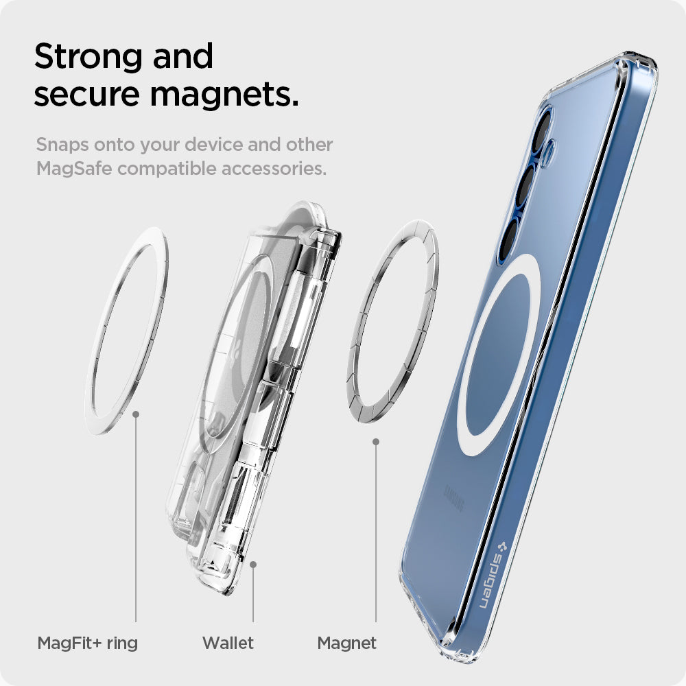 AFA09207 - Galaxy S25 Series Ultra Hybrid MagFit+ Wallet (MagFit) in Crystal Clear showing the strong and secure magnets. Snaps onto your device and other Magsafe compatible accessories. Parts: MagFit+ring | Wallet | Magnet