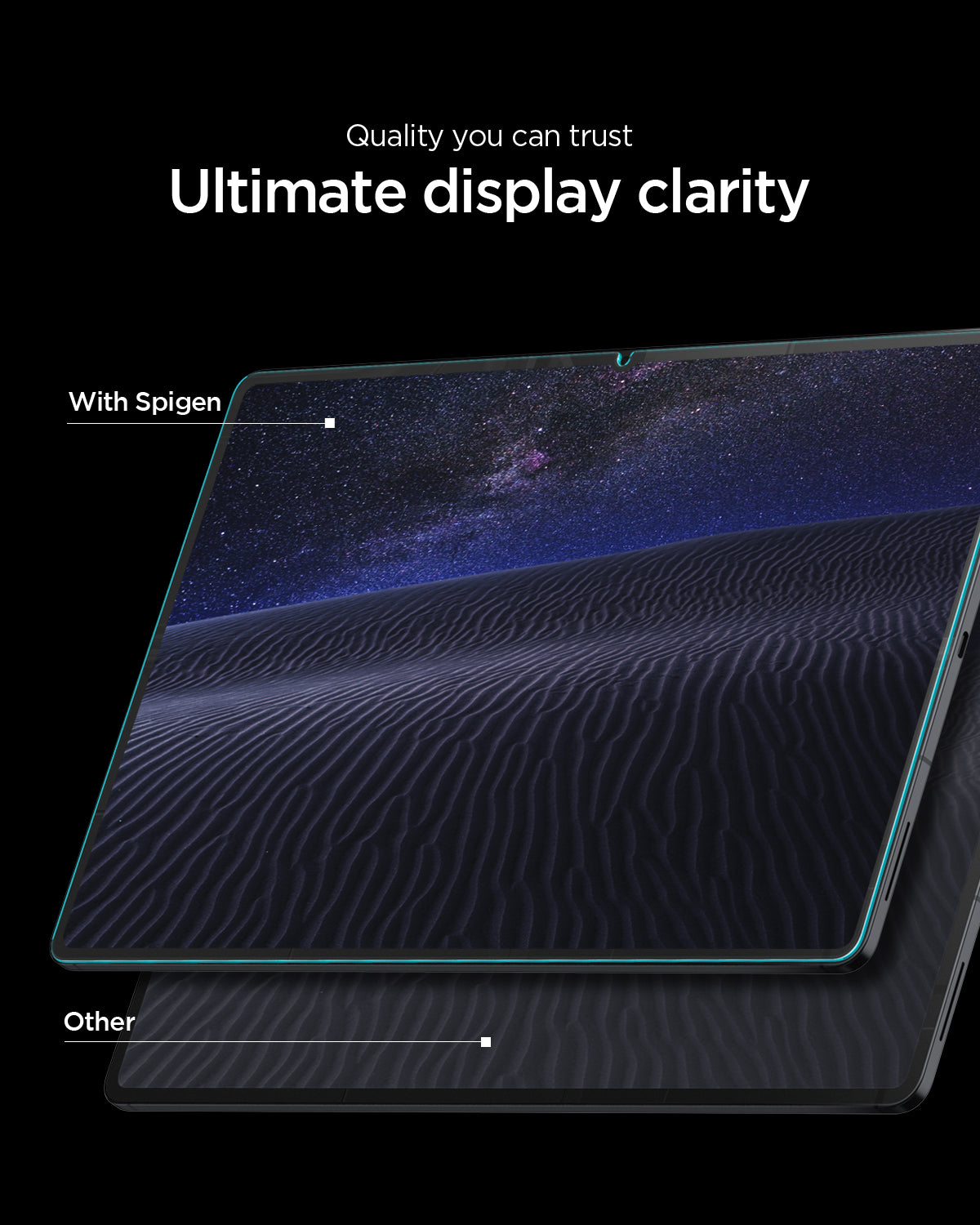 AGL11954 - Galaxy Tab S12+ Glas.tR EZ Fit Pro showing a comparison of screen clarity with the screen protector and another screen protector.