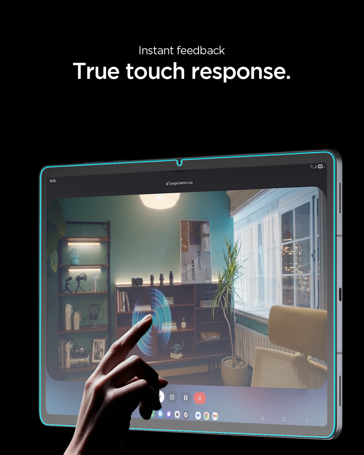 AGL11954 - Galaxy Tab S12+ Glas.tR EZ Fit Pro showing a finger touching the protected tablet display to demonstrate responsive touch sensitivity.