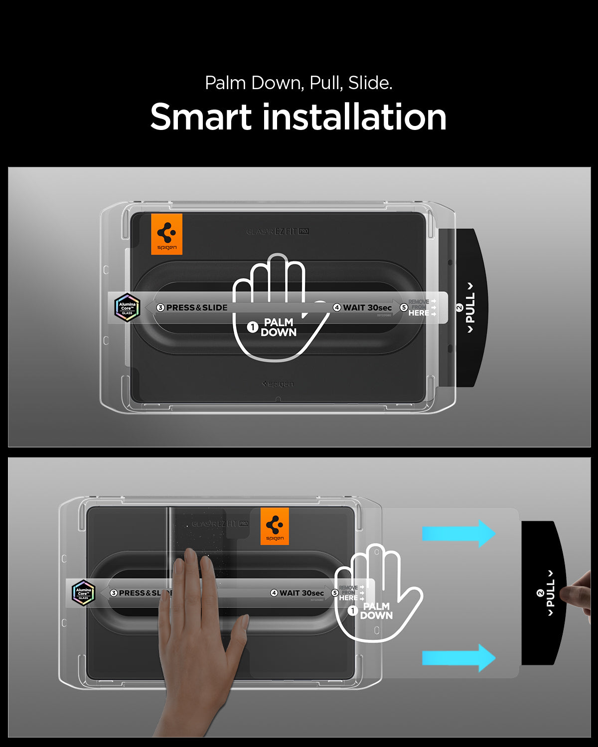 AGL11954 - Galaxy Tab S12+ Glas.tR EZ Fit Pro showing the installation tray with palm down, pull, and slide steps for guided screen protector application.