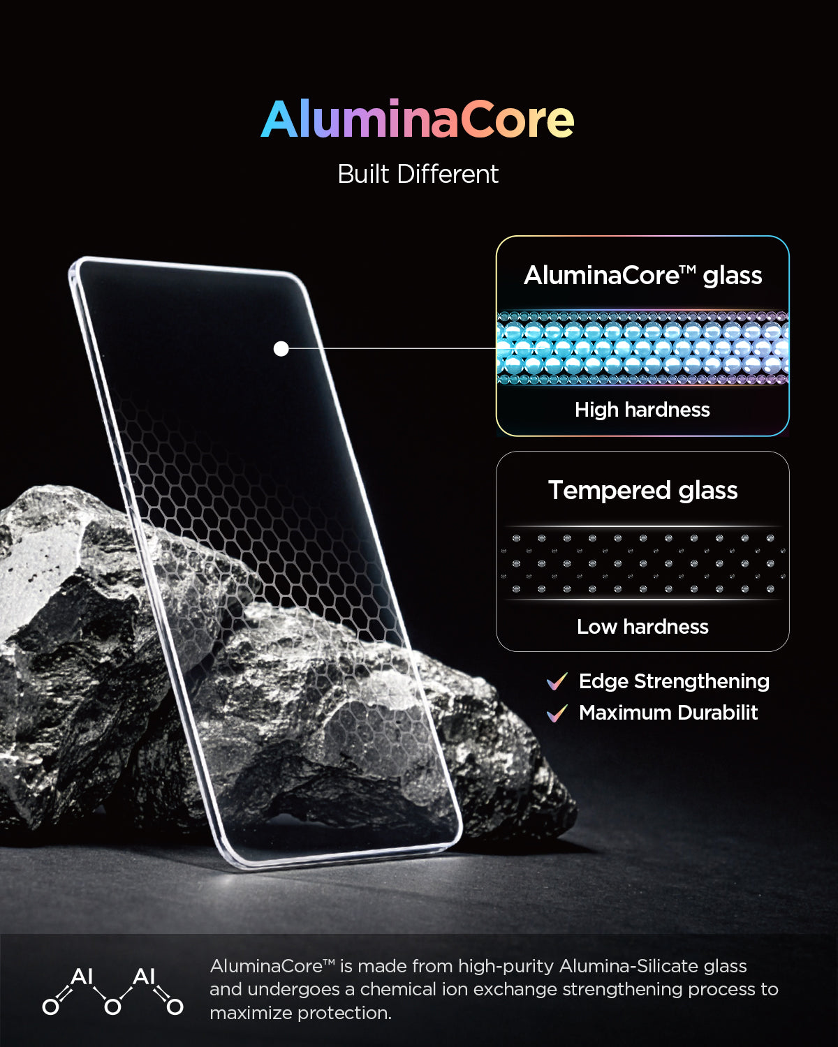 AGL11954 - Galaxy Tab S12+ Glas.tR EZ Fit Pro showing AluminaCore glass construction compared with tempered glass, highlighting edge strengthening and durability.