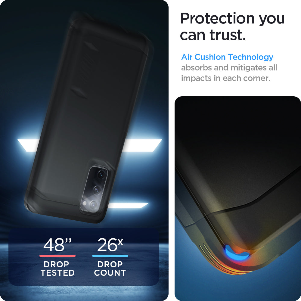 ACS02279 - Galaxy S20 FE Tough Armor Case in black protection you can trust. Air cushion technology absorbs and mitigates all impacts in each corner.