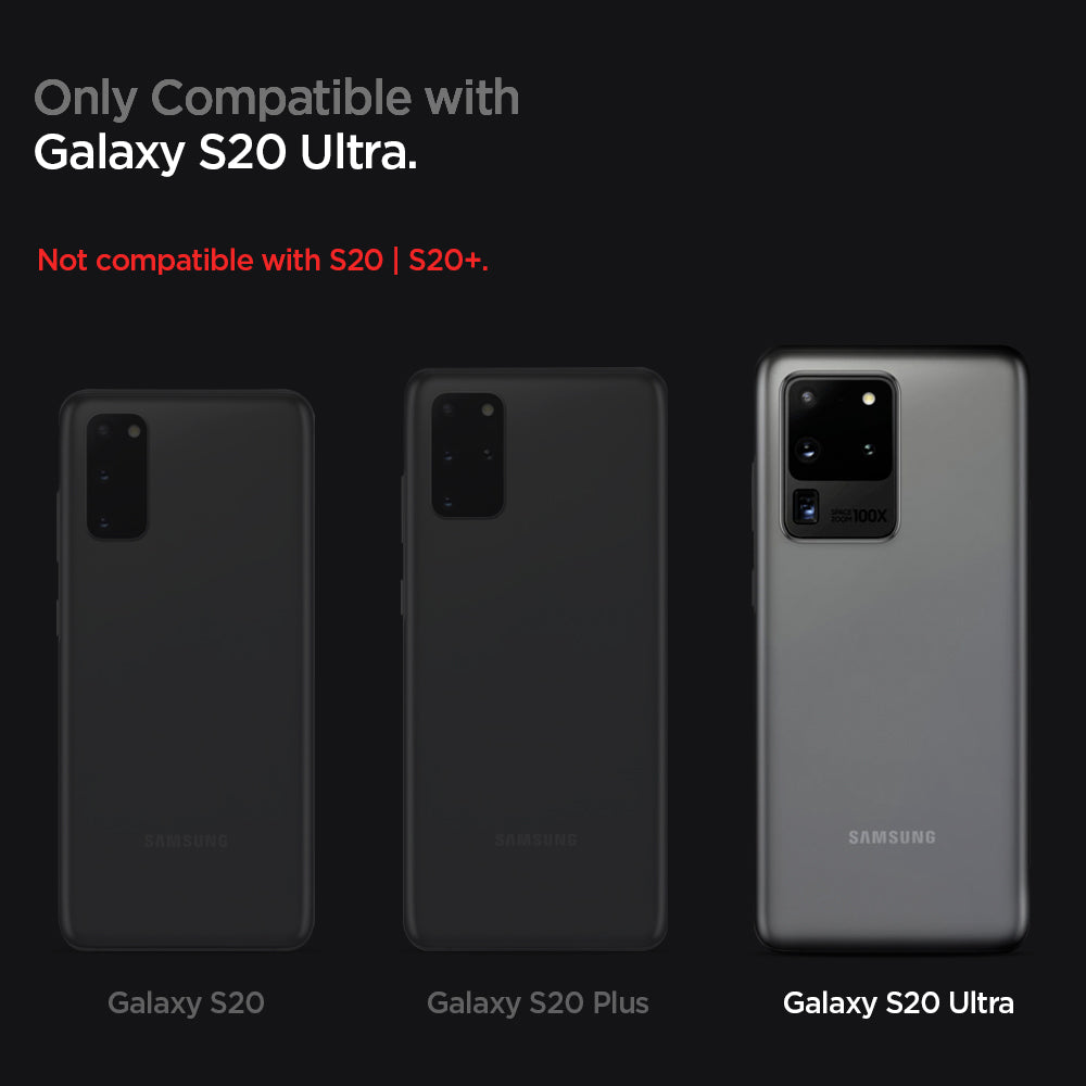 ACS00712 - Galaxy S20 Ultra Liquid Air Case in black showing the compatibility only with Galaxy 20 Ultra. Not compatible with Galaxy S20 and S20+