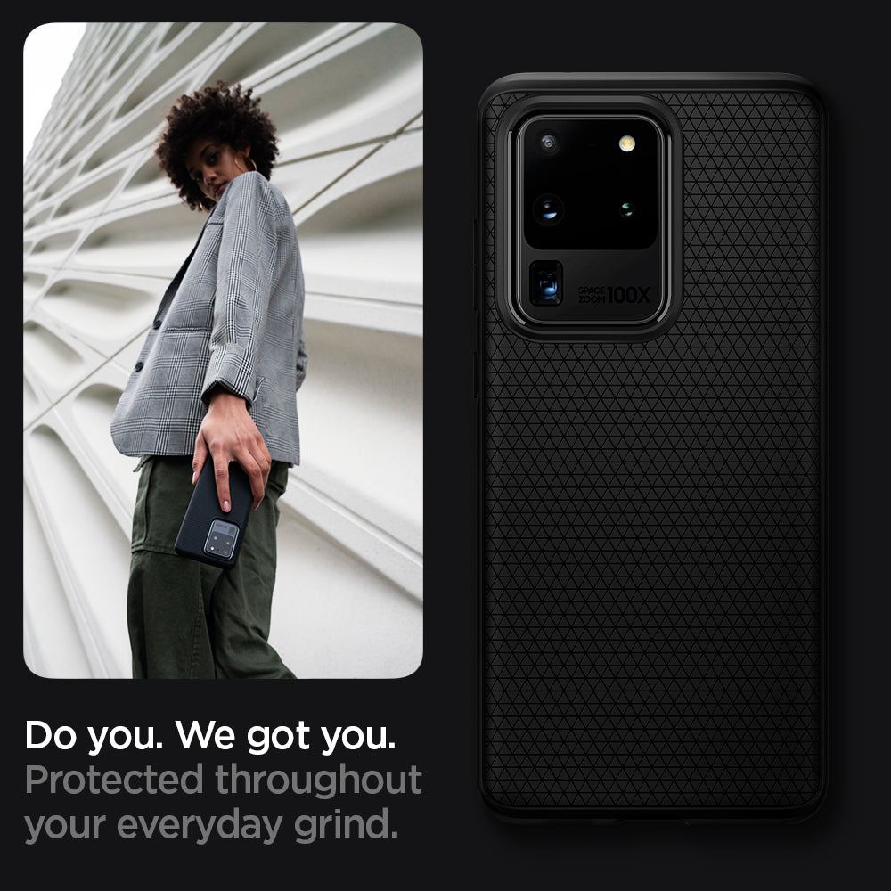 ACS00712 - Galaxy S20 Ultra Liquid Air Case in black showing the protection throughout your everyday grind