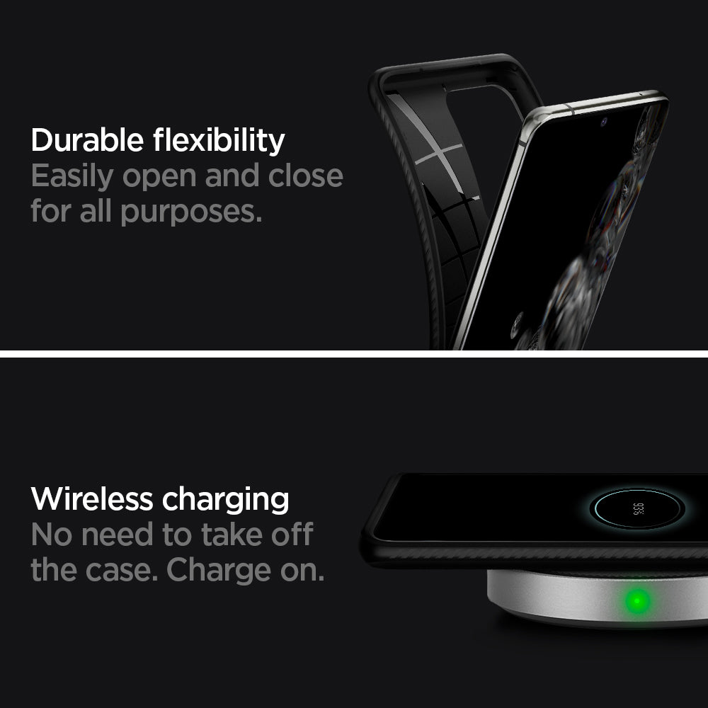 ACS00712 - Galaxy S20 Ultra Liquid Air Case in black showing the durable flexibility. Easy open and close for all purposes. Wireless charging. No need to take off the case.  Charge on