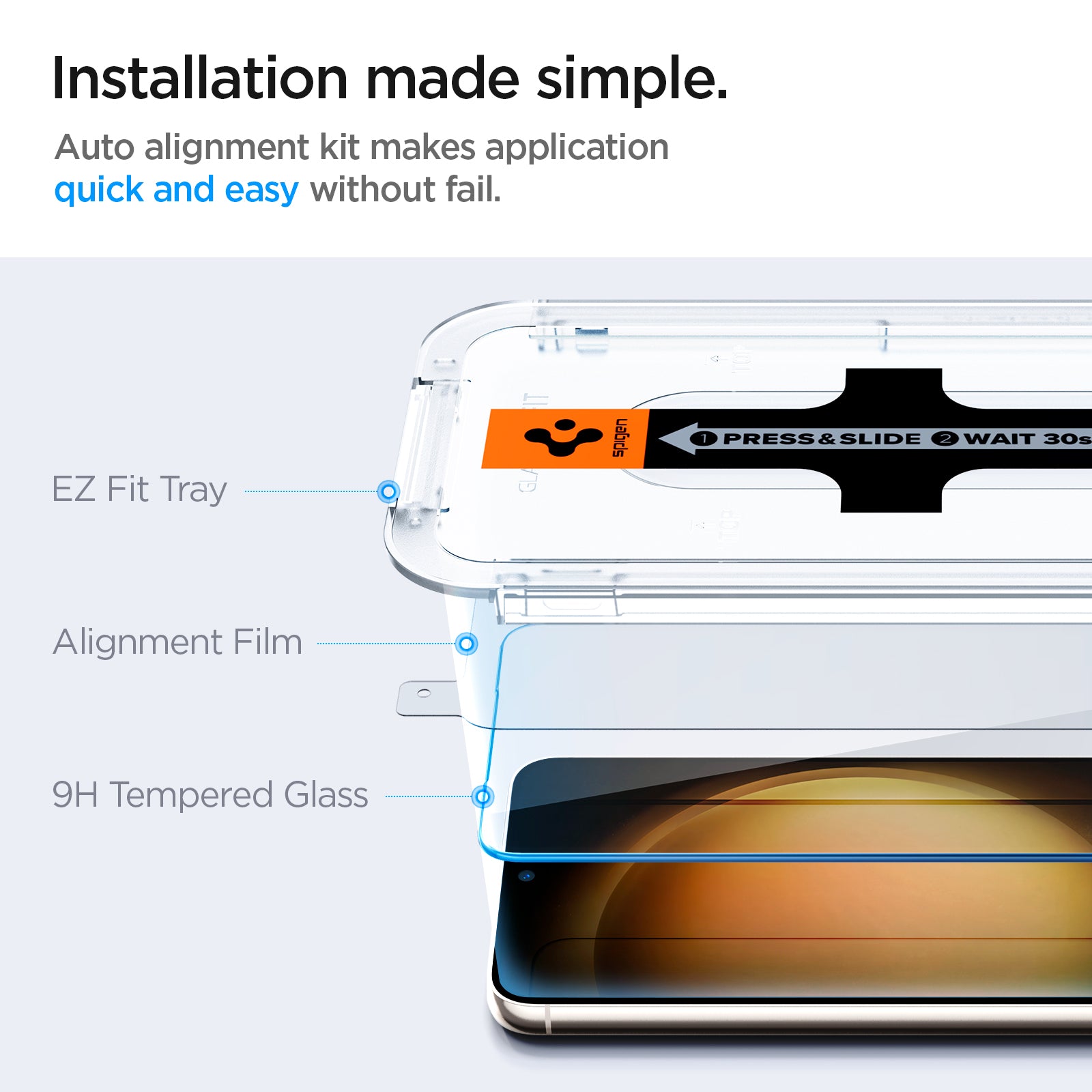 AGL05958 - Galaxy S23 EZ FIT GLAS.tR Screen Protector  installation made simple. Auto alignment kit makes application quick and easy without fail. EZ Fit tray, Alignment film, 9H tempered glass.