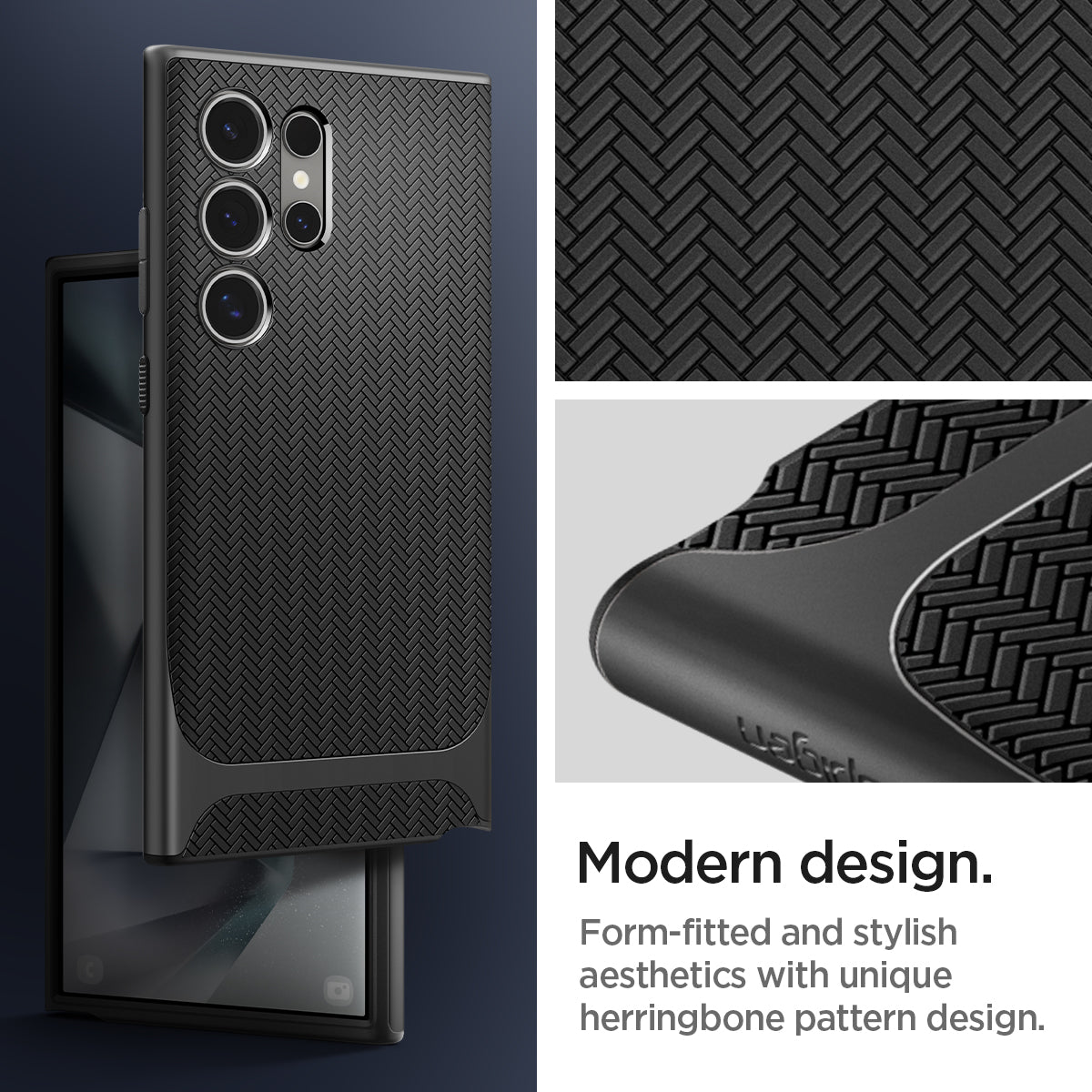 ACS07304 - Galaxy S24 Ultra Case Neo Hybrid in Black showing the modern design. Form-fitted and stylish aesthetics with unique herringbone pattern design