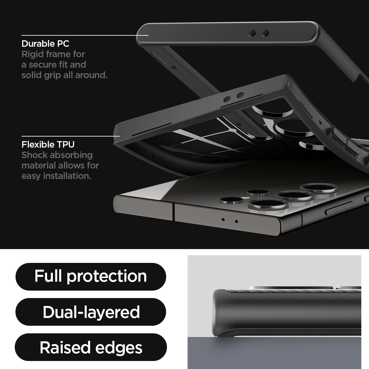 ACS07304 - Galaxy S24 Ultra Case Neo Hybrid in Black showing the full protection, dual-layered and raised edges. Durable PC-rigid frame for secure fit and solid grip all around and Flexible TPU-Shock absorbing material allows for easy installation