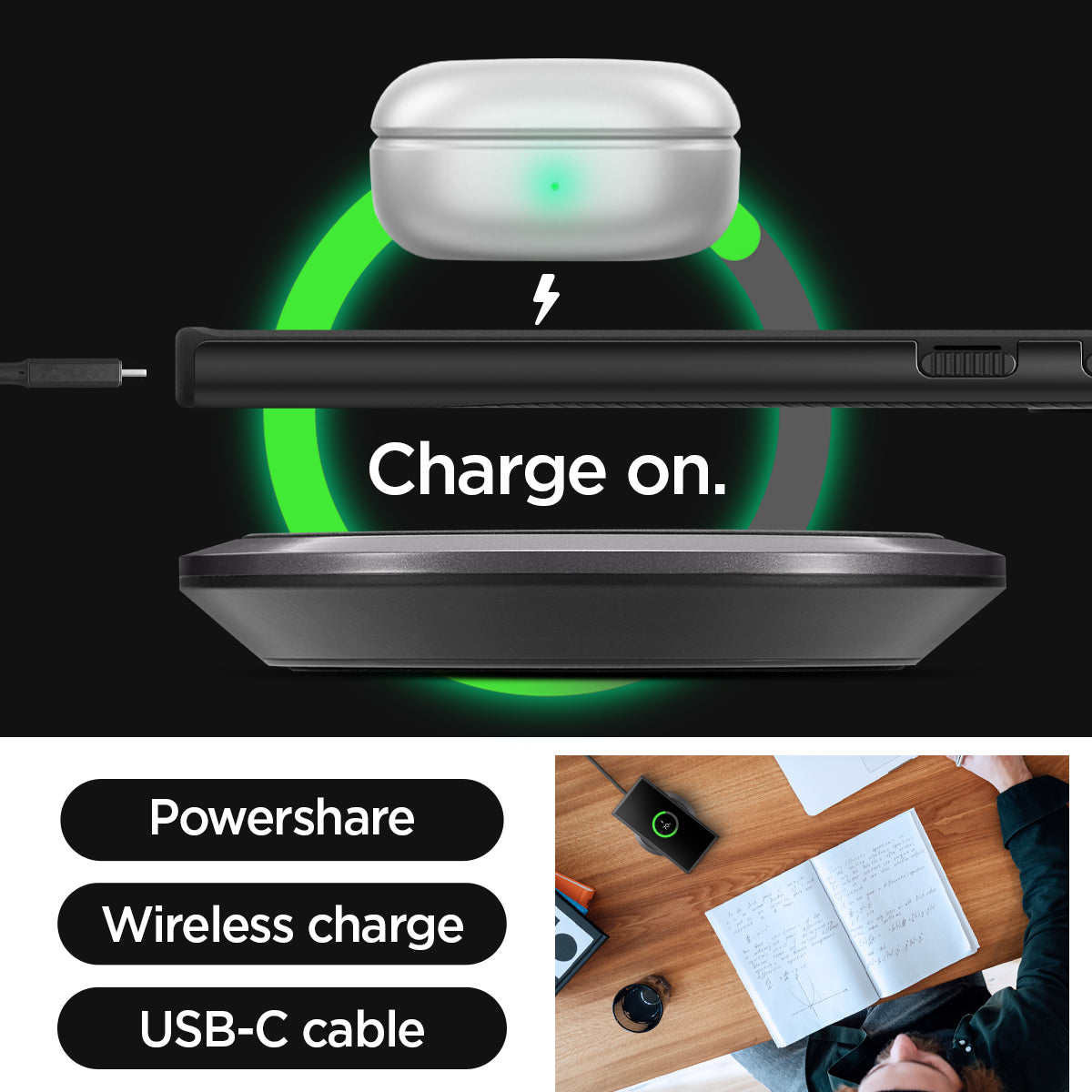 ACS07304 - Galaxy S24 Ultra Case Neo Hybrid in Black showing the powershare, wireless charge and USB-C cable