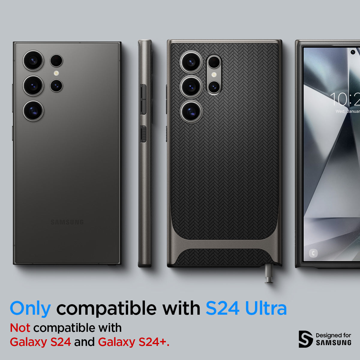 ACS07305 - Galaxy S24 Ultra Case Neo Hybrid in Gunmetal showing the compatibility with S24 Ultra. Not compatible with Galaxy S24 and Galaxy S24+