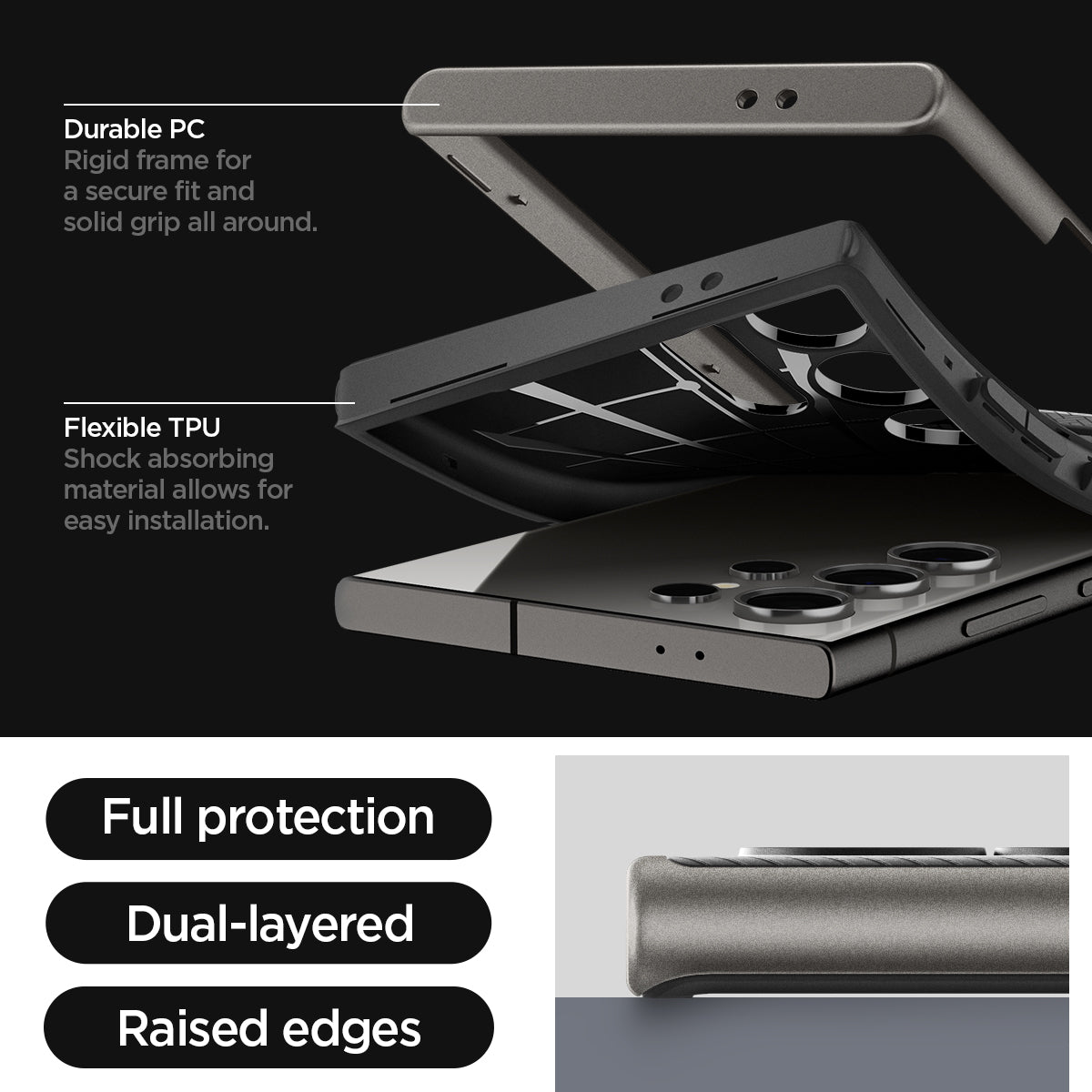 ACS07305 - Galaxy S24 Ultra Case Neo Hybrid in Gunmetal showing the full protection, dual-layered and raised edges. Durable PC-rigid frame for secure fit and solid grip all around and Flexible TPU-Shock absorbing material allows for easy installation