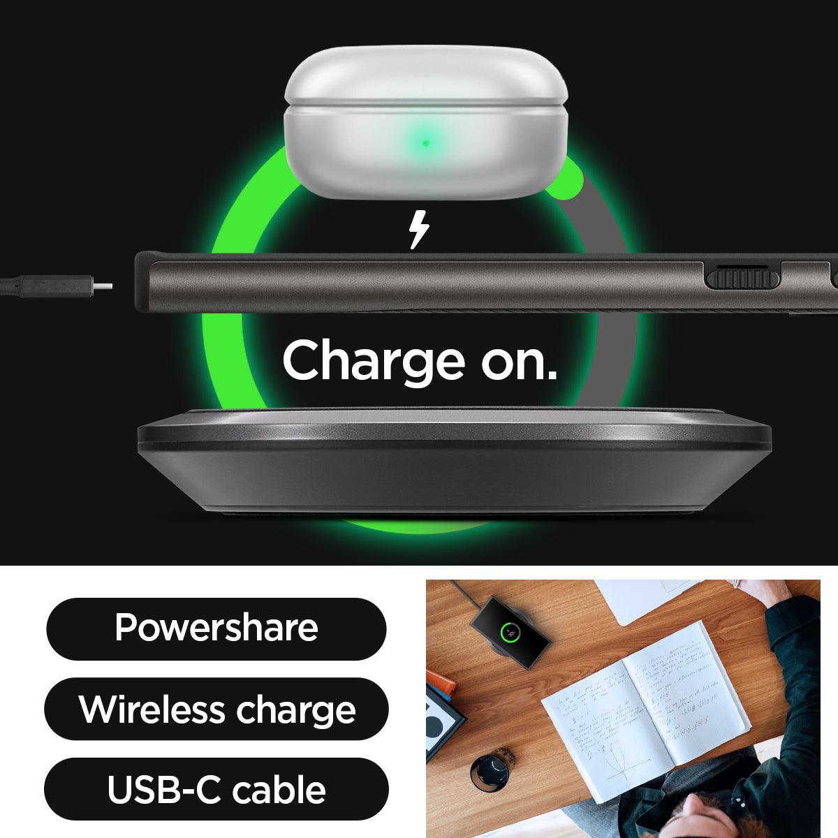 ACS07305 - Galaxy S24 Ultra Case Neo Hybrid in Gunmetal showing the powershare, wireless charge and USB-C cable