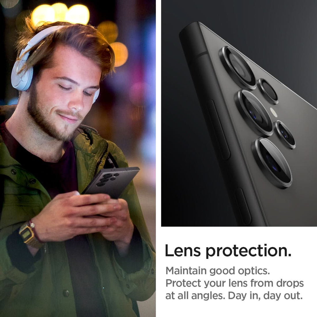 AGL07434 - Galaxy S24 Plus Optik Pro EZ Fit Lens Protector in Gray showing the camera lens protector hovering above another lens protector tray and device showing back, behind it, is the packaging