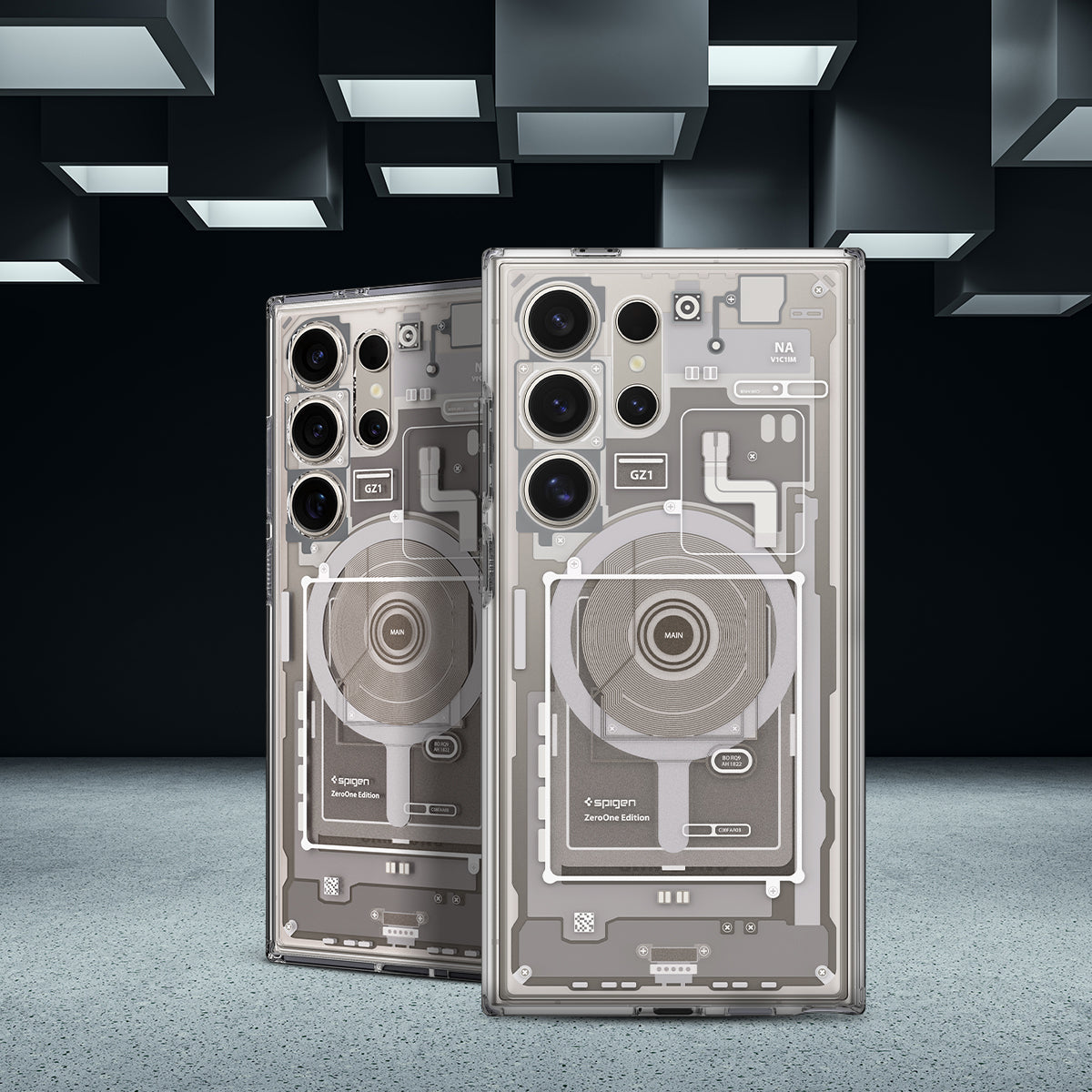 ACS07624 - Galaxy S24 Ultra Case Ultra Hybrid Metal Ring Zero One (MagFit) in Natural Titanium showing front and back.