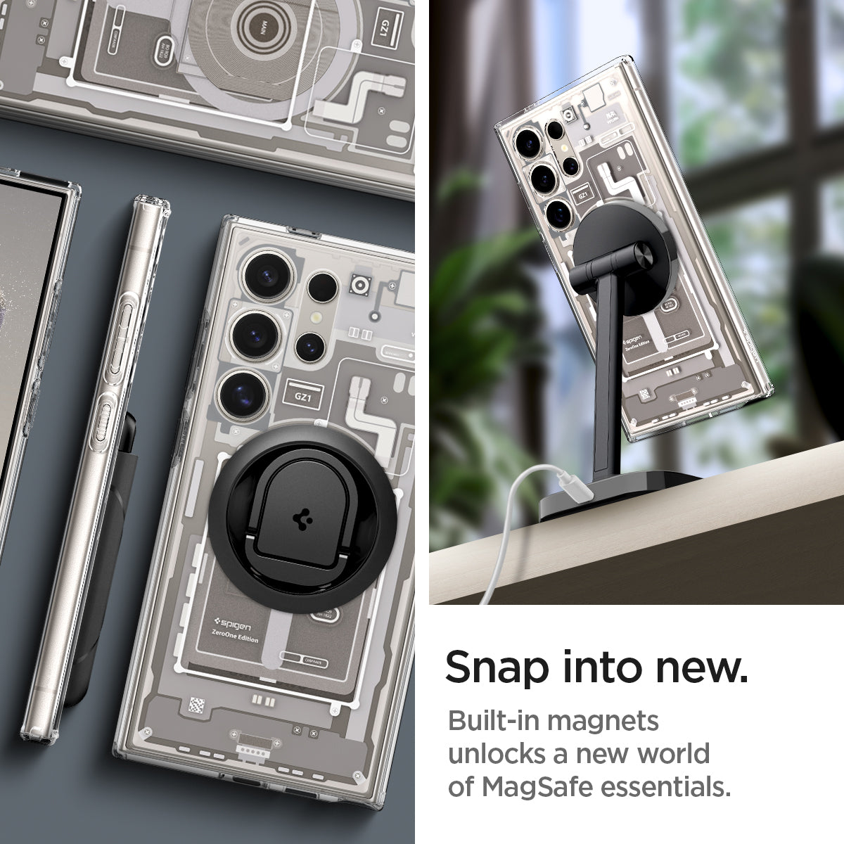 ACS07624 - Galaxy S24 Ultra Case Ultra Hybrid Metal Ring Zero One (MagFit) in Natural Titanium snap into new. Built in magnets unlocks a new world of magsafe essentials.