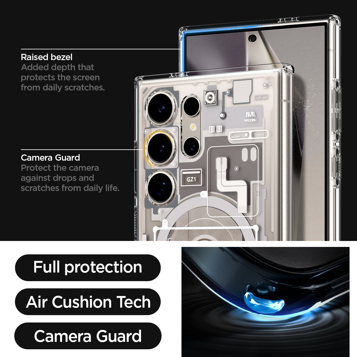 ACS07624 - Galaxy S24 Ultra Case Ultra Hybrid Metal Ring Zero One (MagFit) in Natural Titanium raised bezel added depth that protects the screen from daily scratches. camera guard protect the camera against drops and scratches from daily life. full protection. air cushion tech. camera guard.
