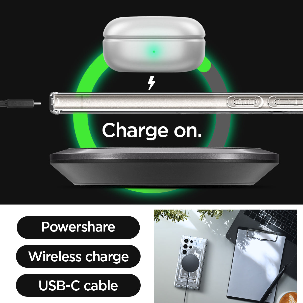 ACS07624 - Galaxy S24 Ultra Case Ultra Hybrid Metal Ring Zero One (MagFit) in Natural Titanium charge on. powershare. wireless charge. USB-C cable.