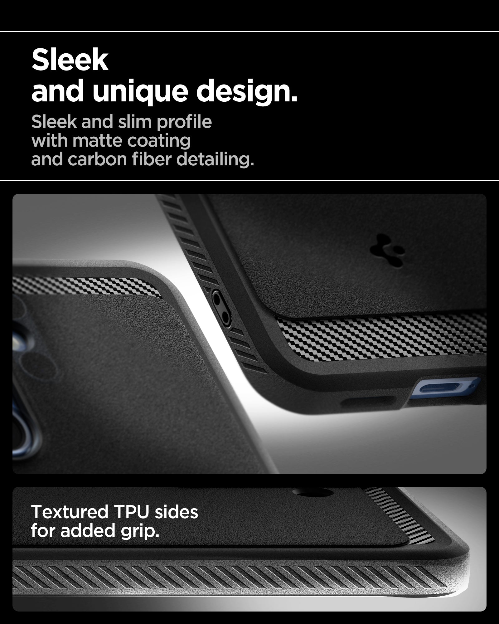 ACS08977 - Galaxy S25 Plus Case Rugged Armor (MagFit) in Matte Black sleek and unique design. sleek and slim profile with matte coating and carbon fiber detailing. textured tpu sides for added grip.