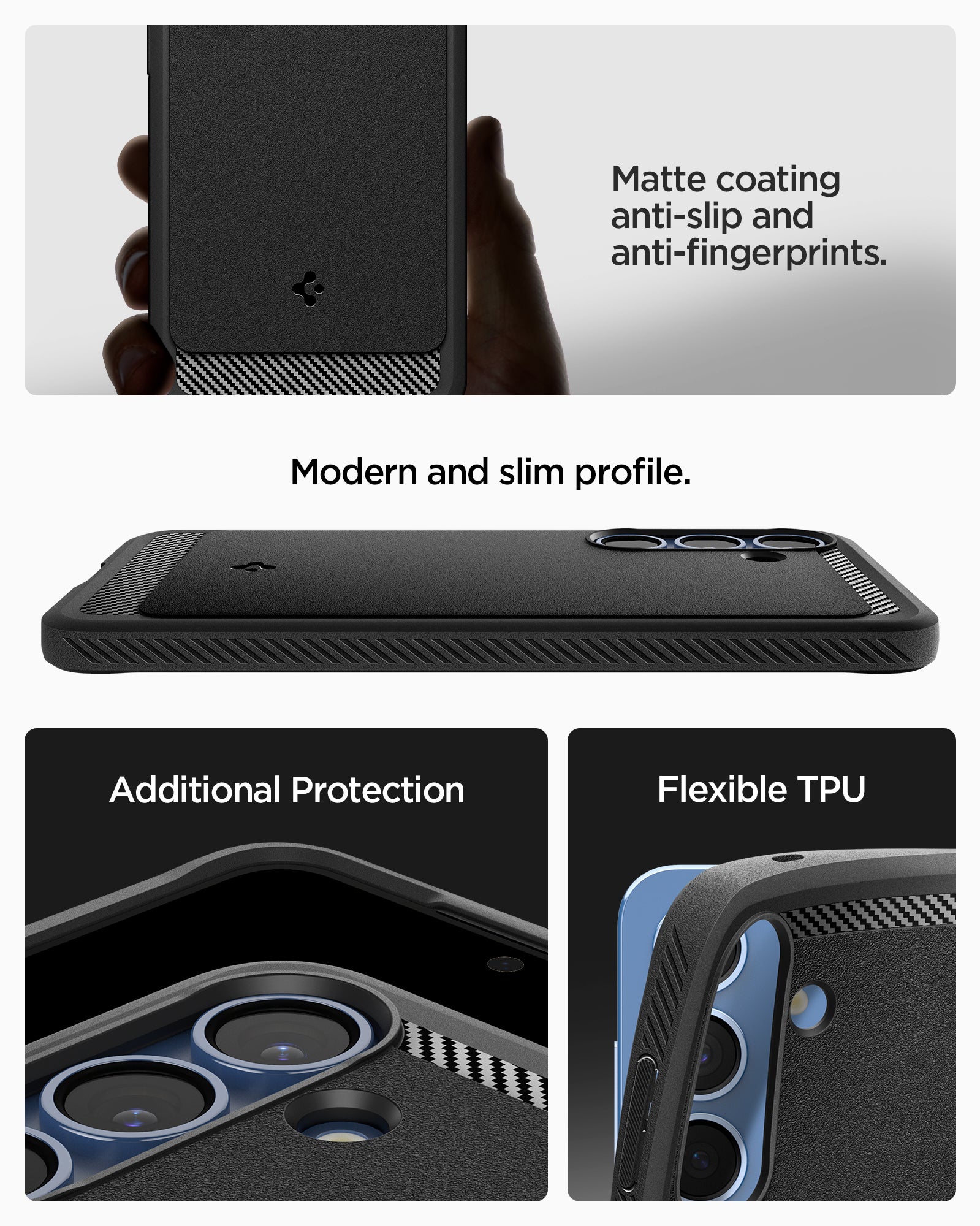 ACS08977 - Galaxy S25 Plus Case Rugged Armor (MagFit) in Matte Black matte coating anti slip and anti fingerprints. Modern and slim profile. Additional protection. flexible tpu.
