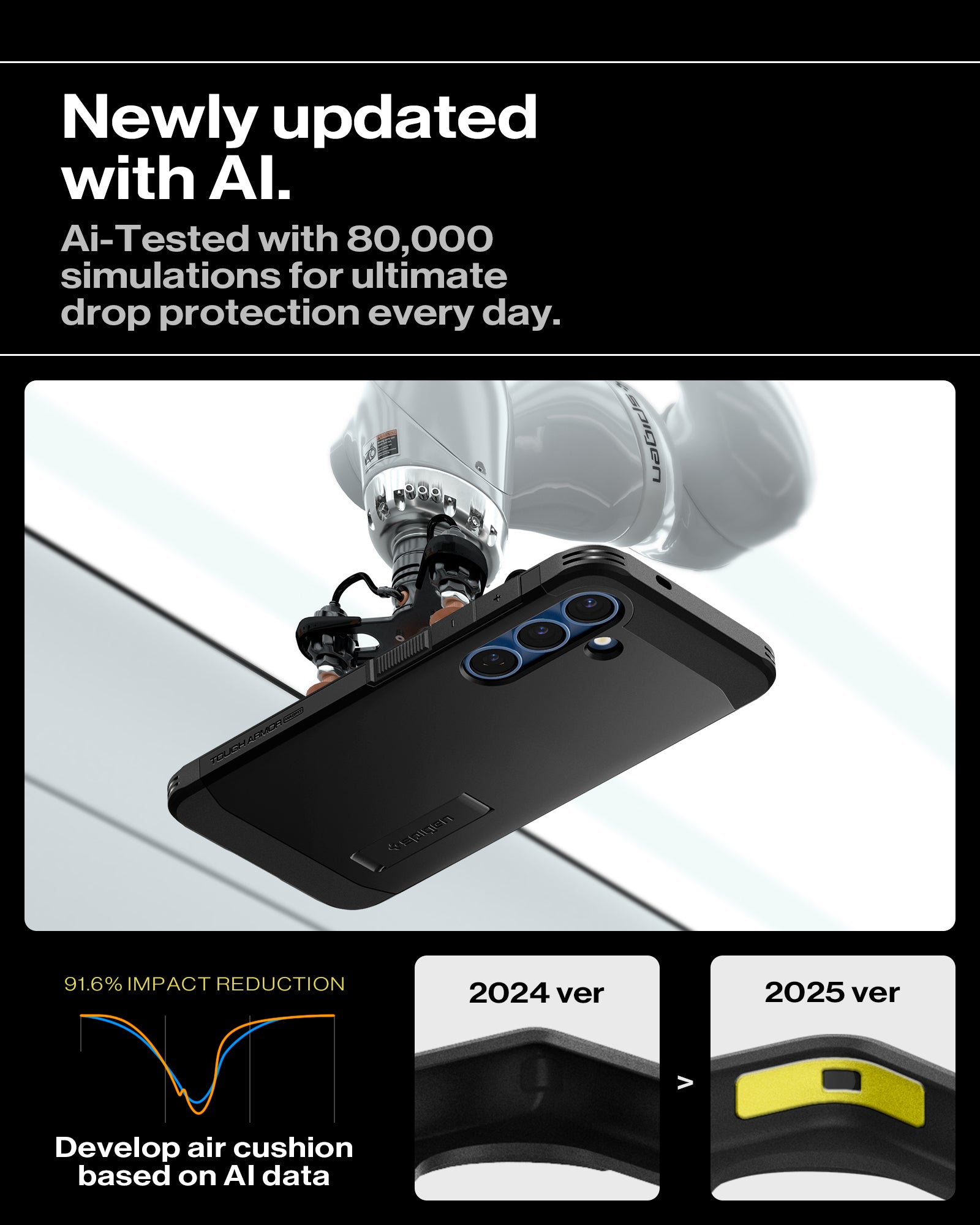 ACS08987 - Galaxy S25 Plus Case Tough Armor AI (MagFit) in Black showing the newly updated with AI. Ai-Tested with 80,000 simulations for ultimate drop protection everyday. Develop air cushion based on AI data